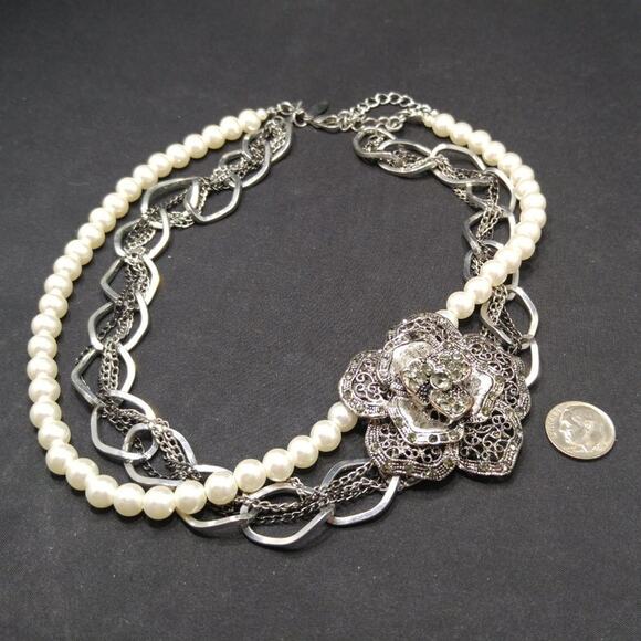 New York & Company Faux Pearl Side Rhinestone Pendant Necklace - Picture 7 of 7